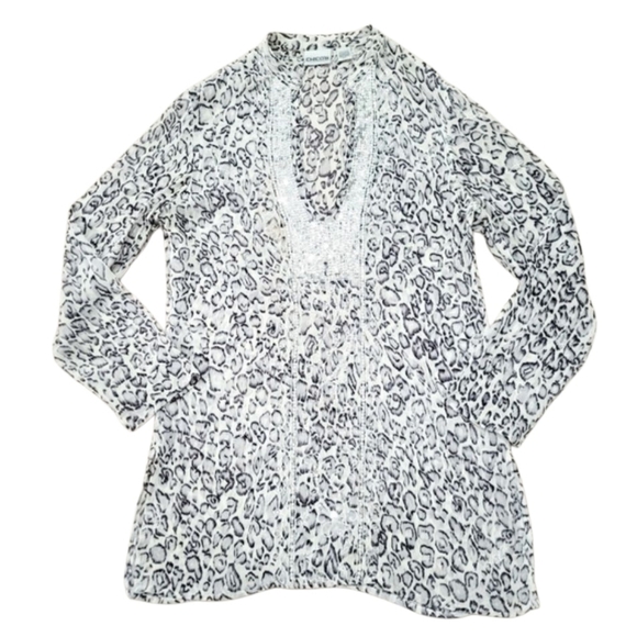 Chico’s Woman 100% Silk Animal Print Tunic Top Size 1 Large Beaded Embellished - Picture 2 of 14